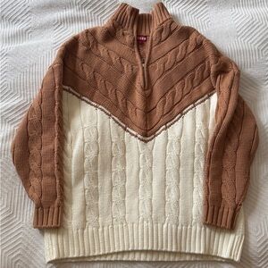 STAUD Oversized Two-Tone Cable Knit Sweater - Brown and Cream